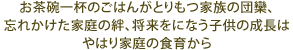 お茶碗一杯のごはんがとりもつ家族の団欒、忘れかけた家庭の絆、 将来をになう子供の成長はやはり家庭の食育から